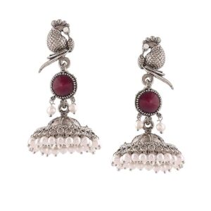 Zaveri Pearls Peacock Silver Oxidised Stones & Beads Jhumki For Women