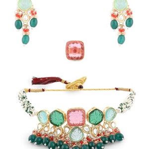 ZAVERI PEARLS Multicolor Stones & Beads Kundan Choker Earring & Ring Set
