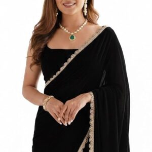 SHOPAZ Ready To Wear Saree For Women Black Georgette With Unstitched Blouse