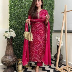 GoSriKi Women’s Rayon Bandhej Printed Kurta with Pant & Dupatta