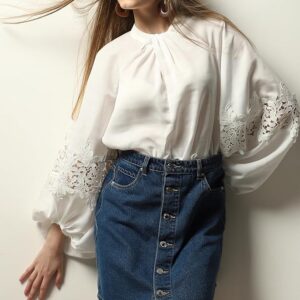 VERO Moda Women Cotton Tie-Up Blouson Top| Puff Sleeves with Lace