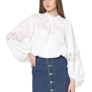 VERO Moda Women Cotton Tie-Up Blouson Top| Puff Sleeves with Lace